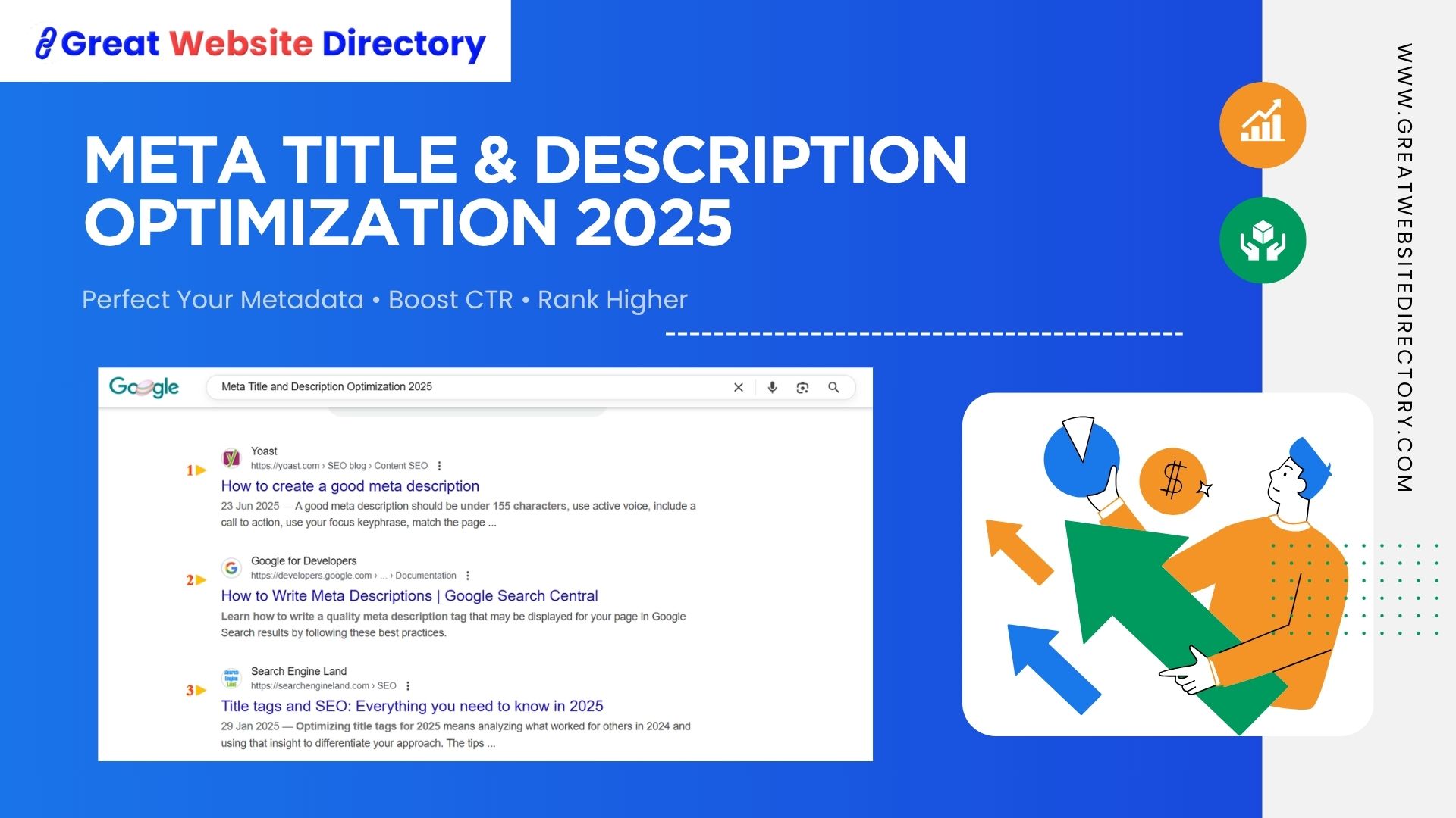 Meta title and description optimization 2025 guide — illustrated Google search results to boost CTR and rankings.