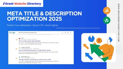 Meta title and description optimization 2025 guide — illustrated Google search results to boost CTR and rankings.